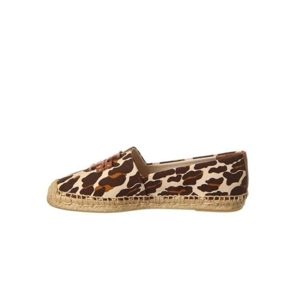 New Tory Burch Ines Leopard Print Canvas Espadrille Flats Brown Tan Women 9.5
